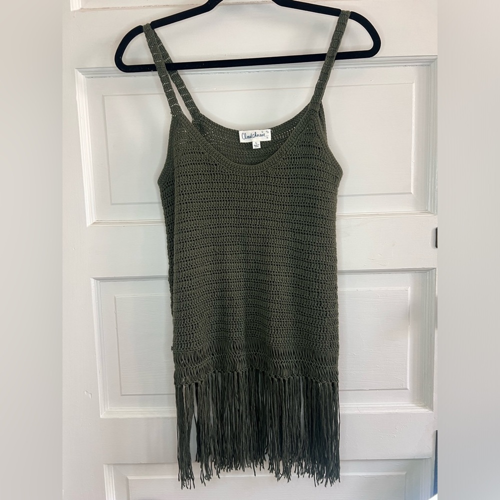 Cloud Chaser Tank Top Womens Medium Open Knit Green Fringe Boho